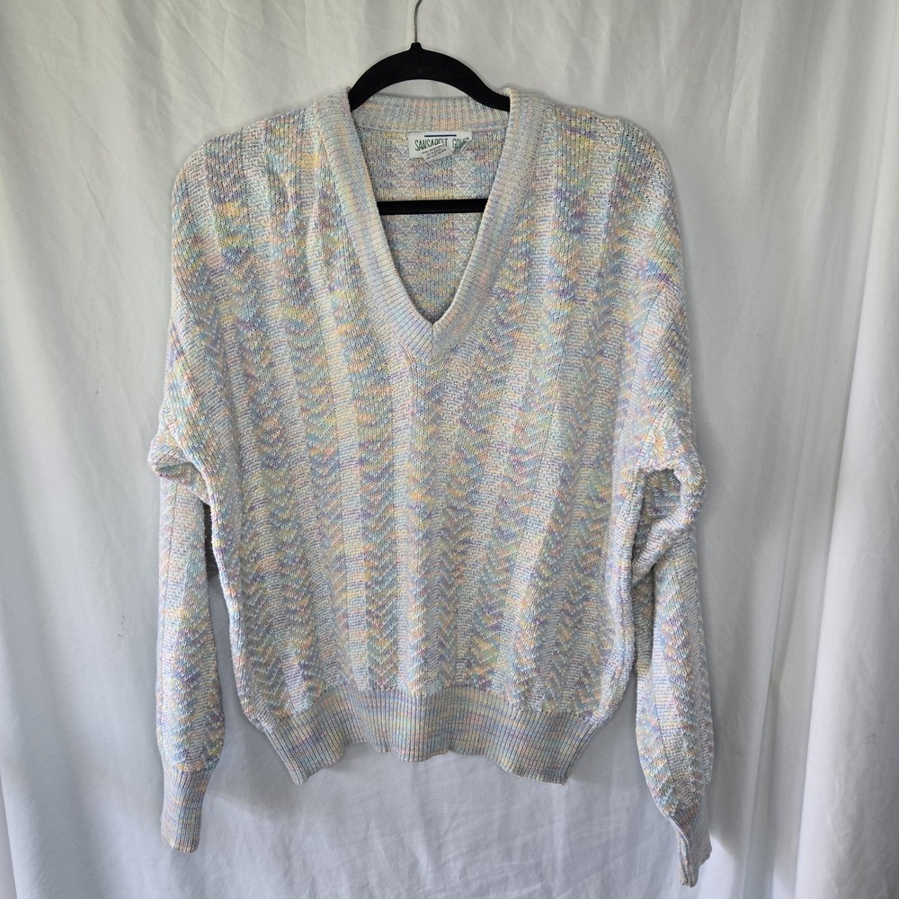 Vintage Sansabelt Golf Sweater Made‎ In USA Pastel Rainbow V Neck Cotton 90's